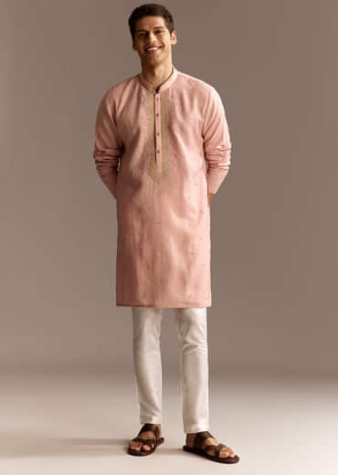 Peach Linen French Knot Kurta Set