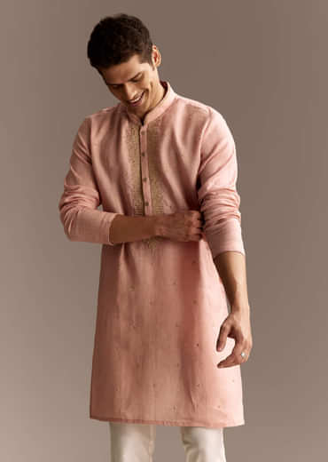 Peach Linen French Knot Kurta Set