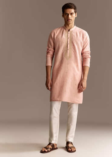 Peach Linen French Knot Kurta Set