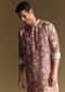 Peach Linen Kurta Set With Floral Print And Kantha Work