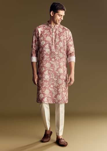 Peach Linen Kurta Set With Floral Print And Kantha Work