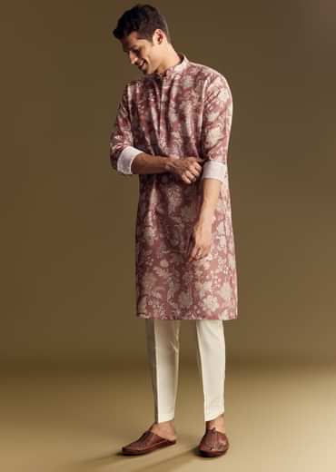 Peach Linen Kurta Set With Floral Print And Kantha Work