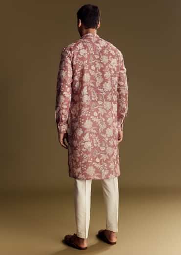 Peach Linen Kurta Set With Floral Print And Kantha Work