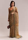 Peach Linen Printed Saree With Authentic Ajrakh Work