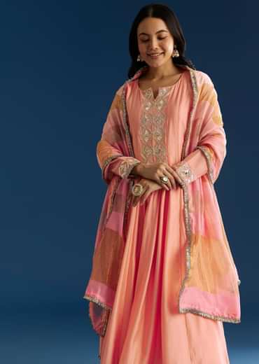 Peach Muslin Kurta Set With Gotta Lace Pant And Dupatta