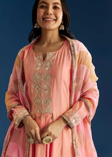 Peach Muslin Kurta Set With Gotta Lace Pant And Dupatta