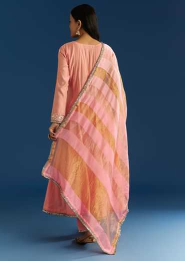 Peach Muslin Kurta Set With Gotta Lace Pant And Dupatta