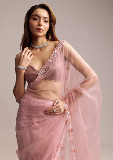 Peach Net Saree With Sequin Embroidery