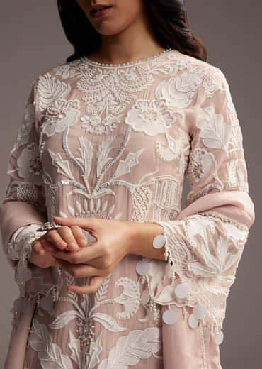 Peach Organza Kurta Set With Thread And Moti Work