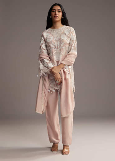 Peach Organza Kurta Set With Thread And Moti Work