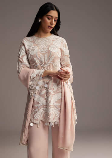 Peach Organza Kurta Set With Thread And Moti Work