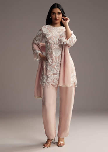 Peach Organza Kurta Set With Thread And Moti Work