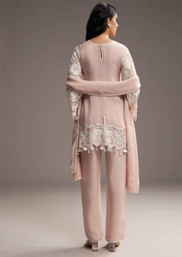 Peach Organza Kurta Set With Thread And Moti Work