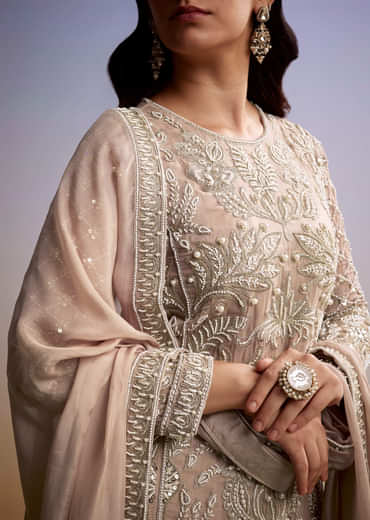 Peach Organza Palazzo Suit With Zari And Moti Work