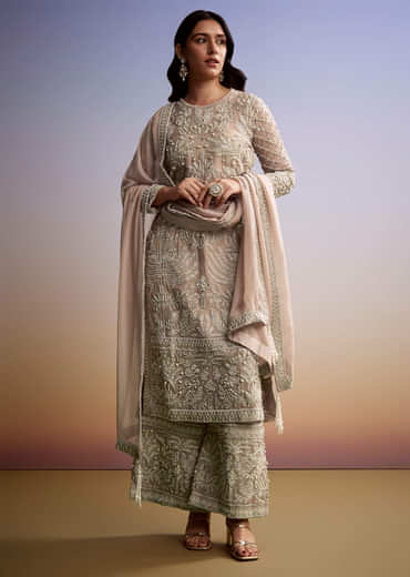 Peach Organza Palazzo Suit With Zari And Moti Work