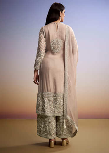 Peach Organza Palazzo Suit With Zari And Moti Work