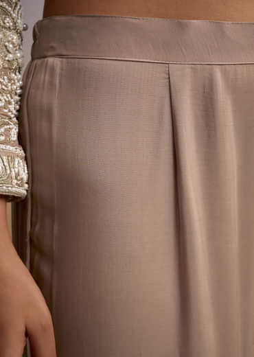 Peach Organza Palazzo Suit With Zari And Moti Work