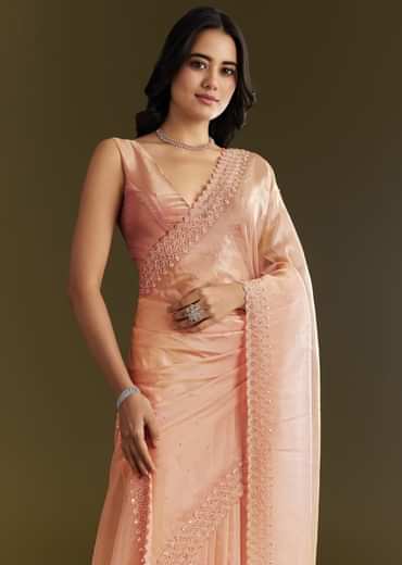 Peach Organza Saree With Stone Embellishment And Scallop Border