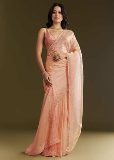 Peach Organza Saree With Stone Embellishment And Scallop Border