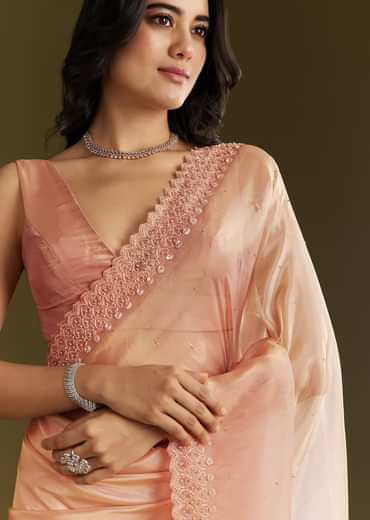 Peach Organza Saree With Stone Embellishment And Scallop Border