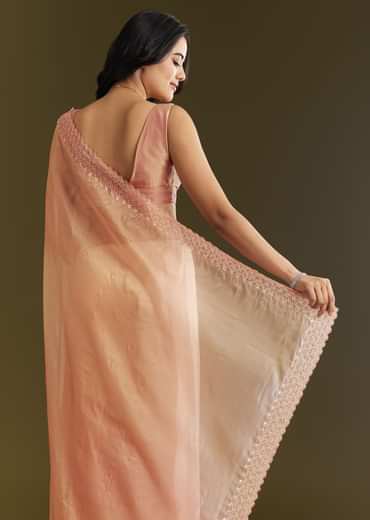 Peach Organza Saree With Stone Embellishment And Scallop Border
