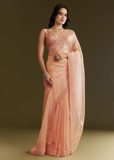 Peach Organza Saree With Stone Embellishment And Scallop Border