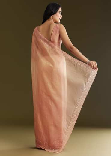 Peach Organza Saree With Stone Embellishment And Scallop Border