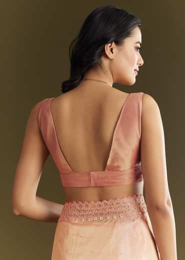 Peach Organza Saree With Stone Embellishment And Scallop Border