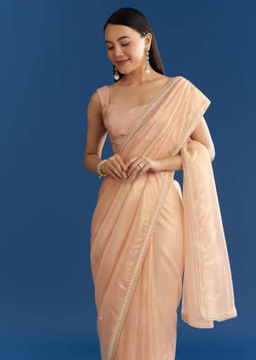 Peach Organza Tissue Saree With Beaded Border