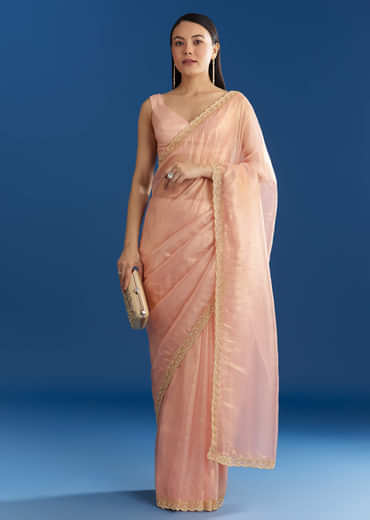 Peach Organza Tissue Saree With Beaded Scallop