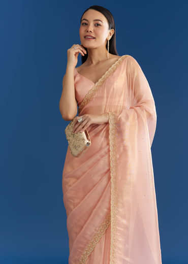 Peach Organza Tissue Saree With Beaded Scallop