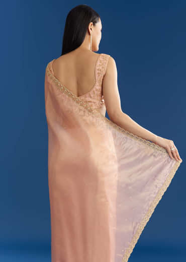 Peach Organza Tissue Saree With Beaded Scallop