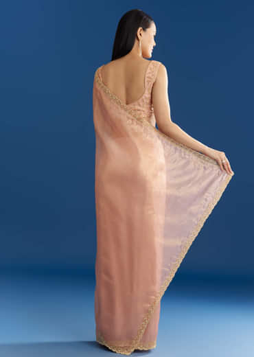 Peach Organza Tissue Saree With Beaded Scallop