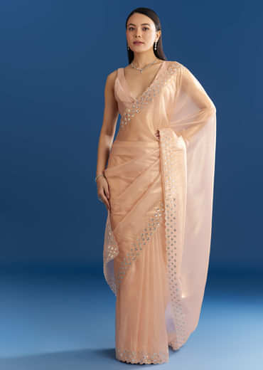 Peach Organza Tissue Saree With Cutdana Embellished Border