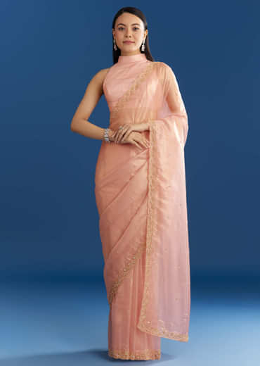Peach Organza Tissue Saree With Scallop Edge