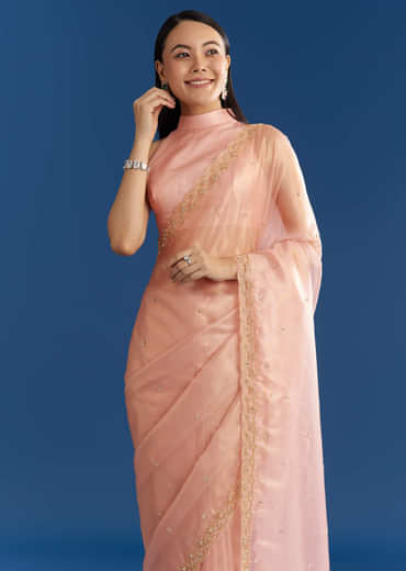 Peach Organza Tissue Saree With Scallop Edge