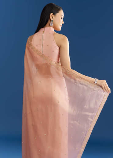 Peach Organza Tissue Saree With Scallop Edge