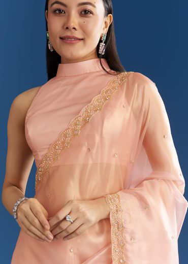 Peach Organza Tissue Saree With Scallop Edge