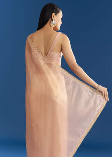 Peach Organza Tissue Saree With Scalloped Embroidery