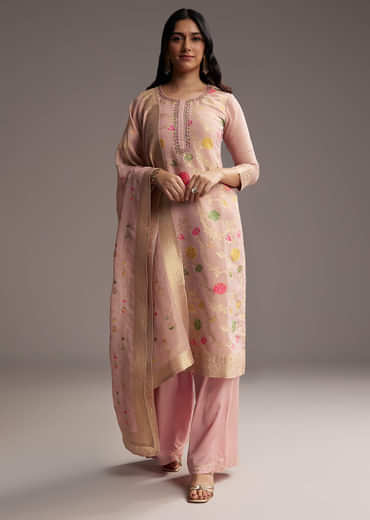 Peach Pink Banarasi Tissue Palazzo Suit