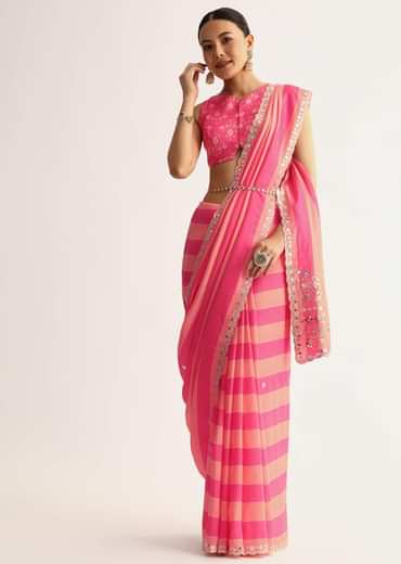 Peach Pink Mirrorwork Cutdana Work Georgette Saree