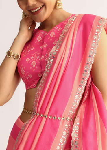 Peach Pink Mirrorwork Cutdana Work Georgette Saree