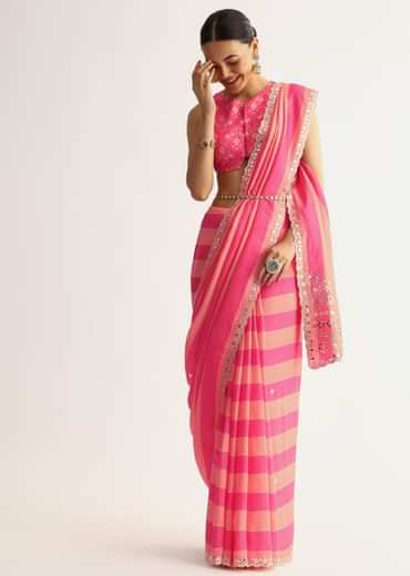 Peach Pink Mirrorwork Cutdana Work Georgette Saree
