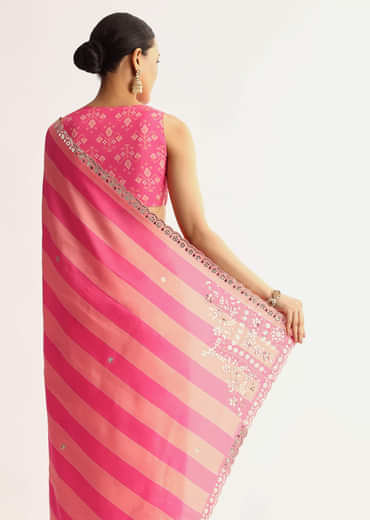 Peach Pink Mirrorwork Cutdana Work Georgette Saree