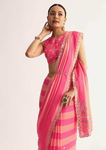 Peach Pink Mirrorwork Cutdana Work Georgette Saree