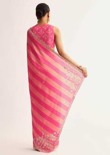 Peach Pink Mirrorwork Cutdana Work Georgette Saree