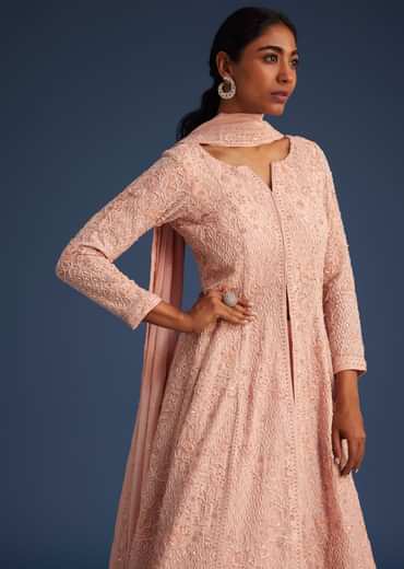 Peach Pink Organza Kurta Set With Chinon Skirt
