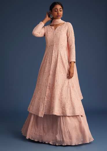 Peach Pink Organza Kurta Set With Chinon Skirt