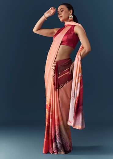 Peach Printed Saree with Blouse Fabric