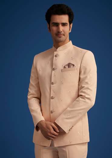 Peach Rayon Jodhpuri With Self Embroidery